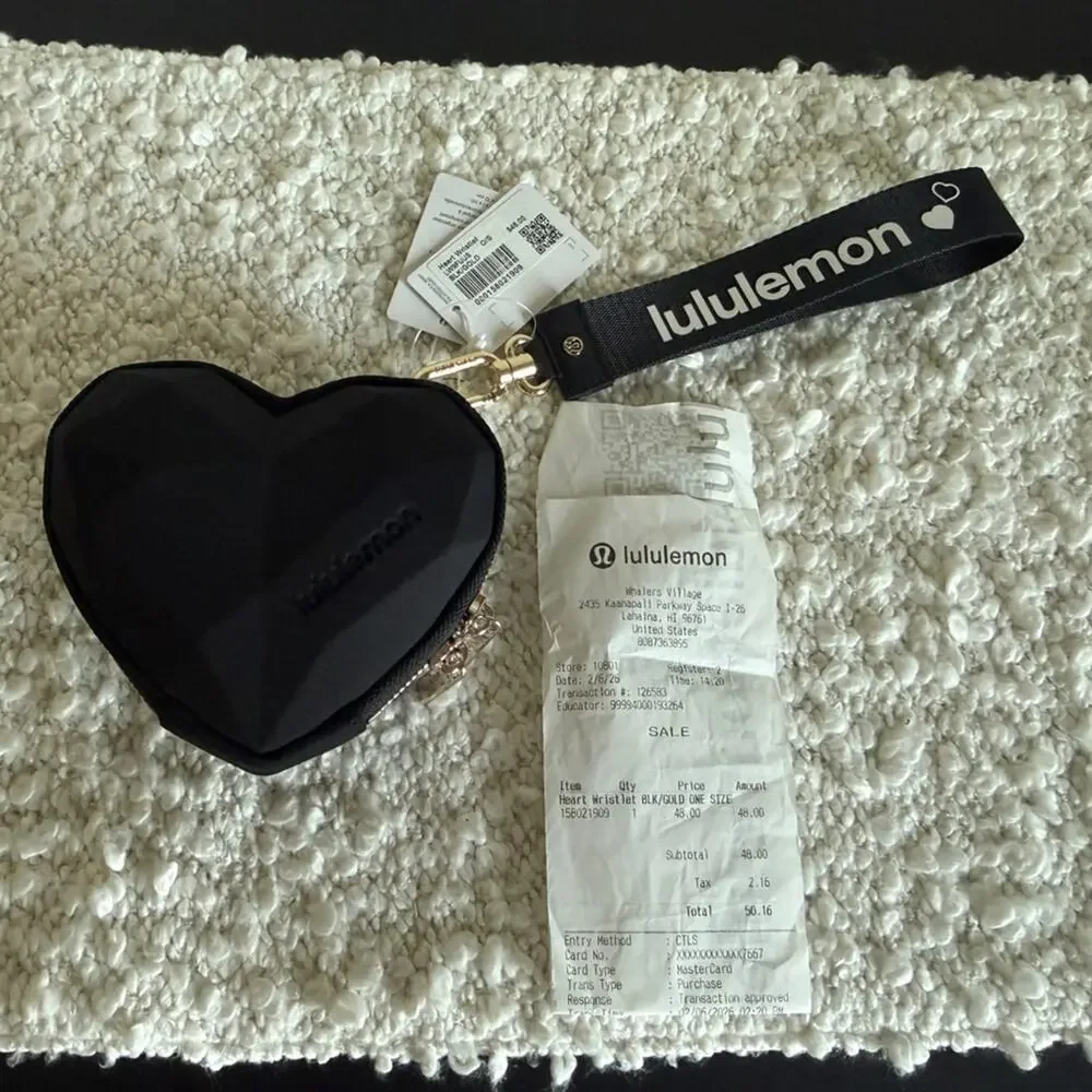 RARE Lululemon Black/Gold Heart-Shaped Wristlet NWT